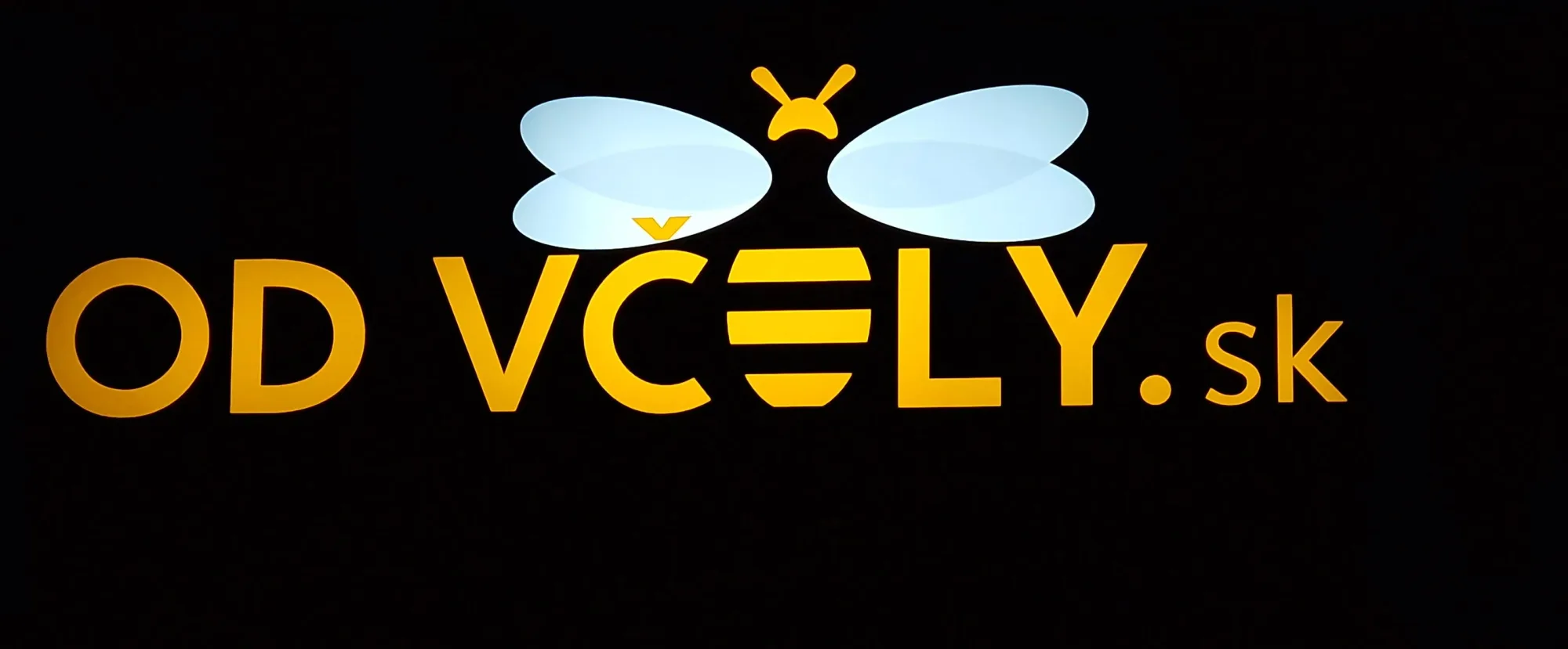 Rozsvietený nápis Od včely.sk s logom včely, žltý text a biele krídla žiaria v tme